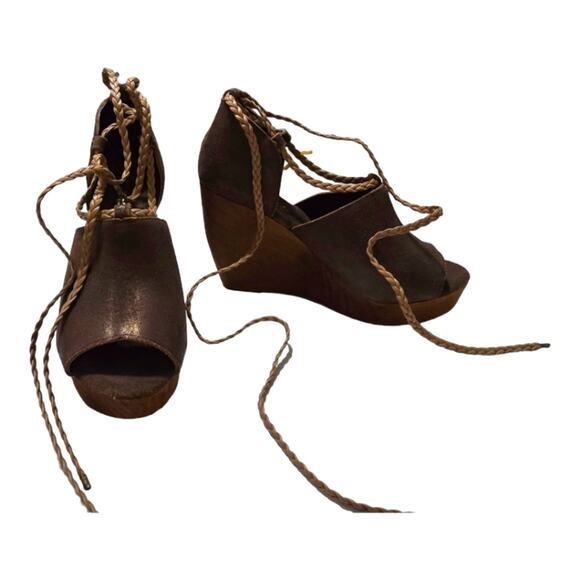 Very Volatile Platform Wooden Wedge Bronze Leather Gladiator Sandals Size 8 New! - Picture 9 of 13